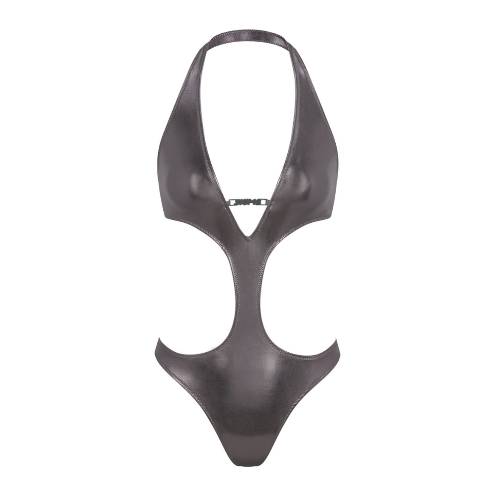 NWT SKIMS METALLIC SWIM HALTER MONOKINI IN CARBON
